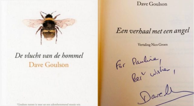 De vlucht van de hommel: cover en titelpagina met opdracht van de schrijver