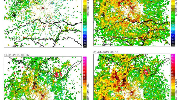 Radarbeelden KNMI van 00.01 en 00.11 (boven) en 00.08 en 00.16 (onder).