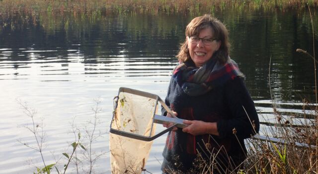 Vrijwilliger Vera op zoek naar wantsen in een van de vennen.