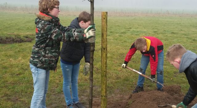 groep 8 van de Keijenbergschool uit Renkum plant een boom tijdens de Nationale Boomplantdag 2018